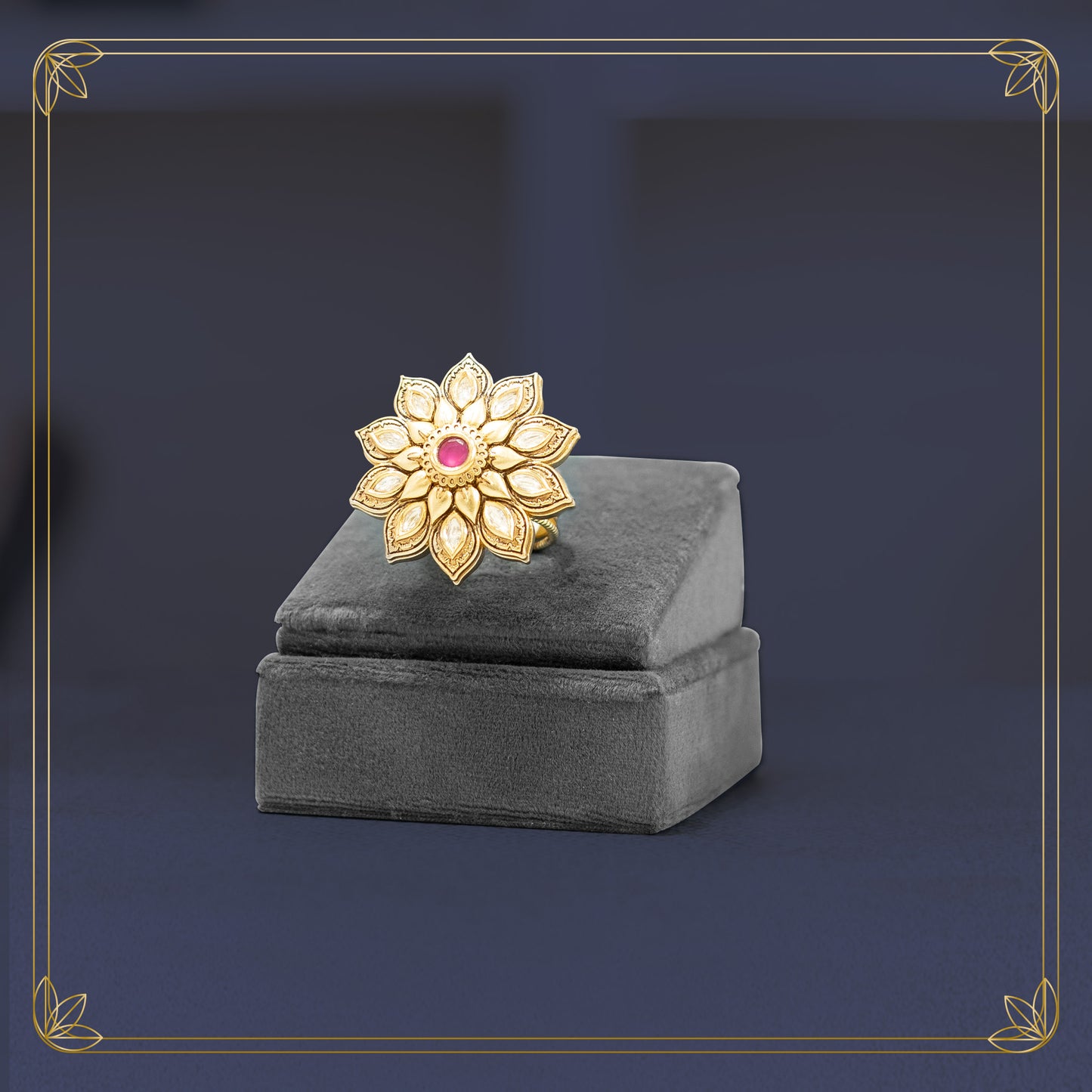 Regal Kundan Petal Ring with a Deep Ruby Highlight