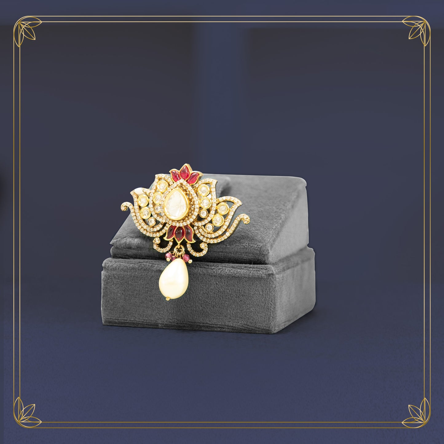 Luxe Floral Uncut Stone Ring with Red Gem