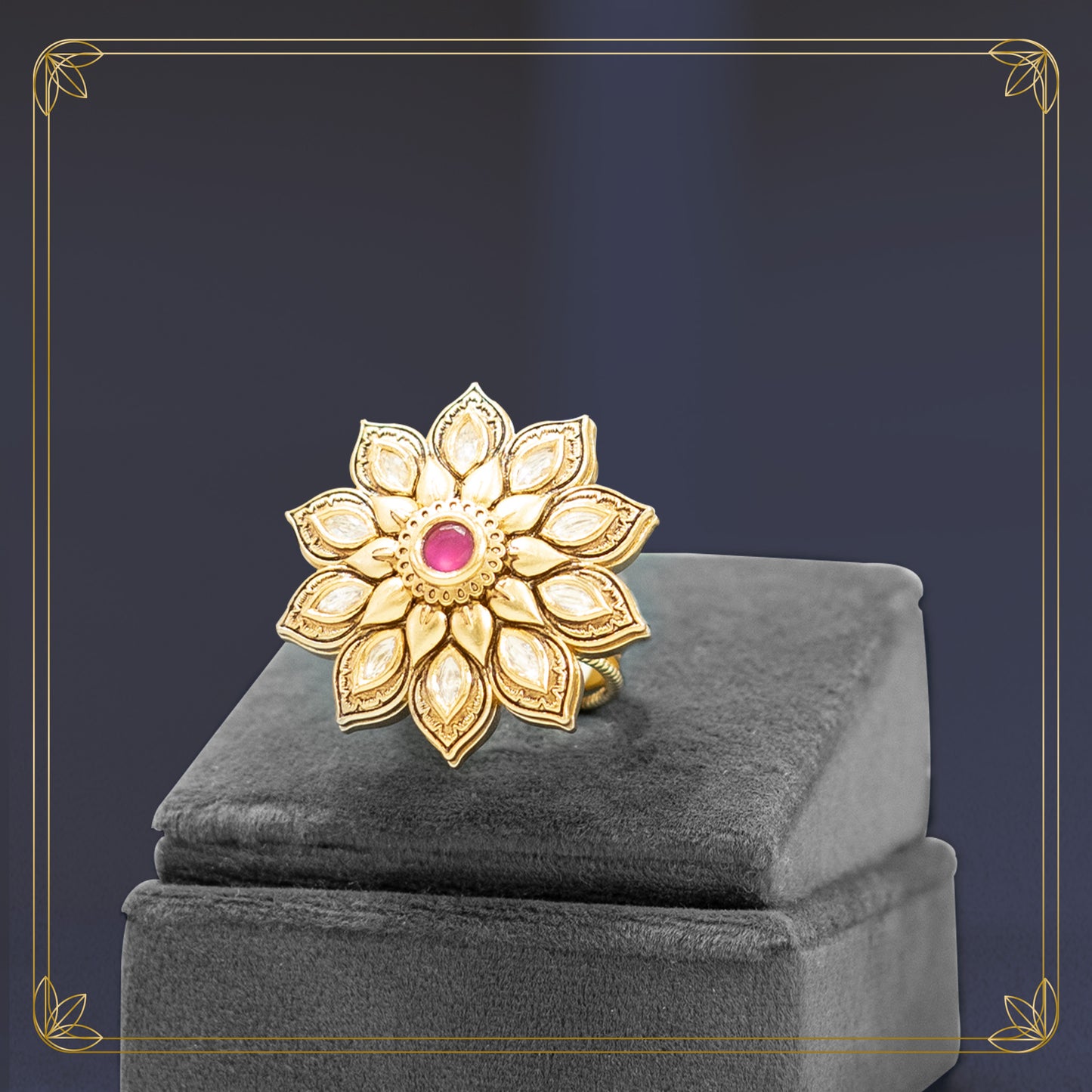 Regal Kundan Petal Ring with a Deep Ruby Highlight
