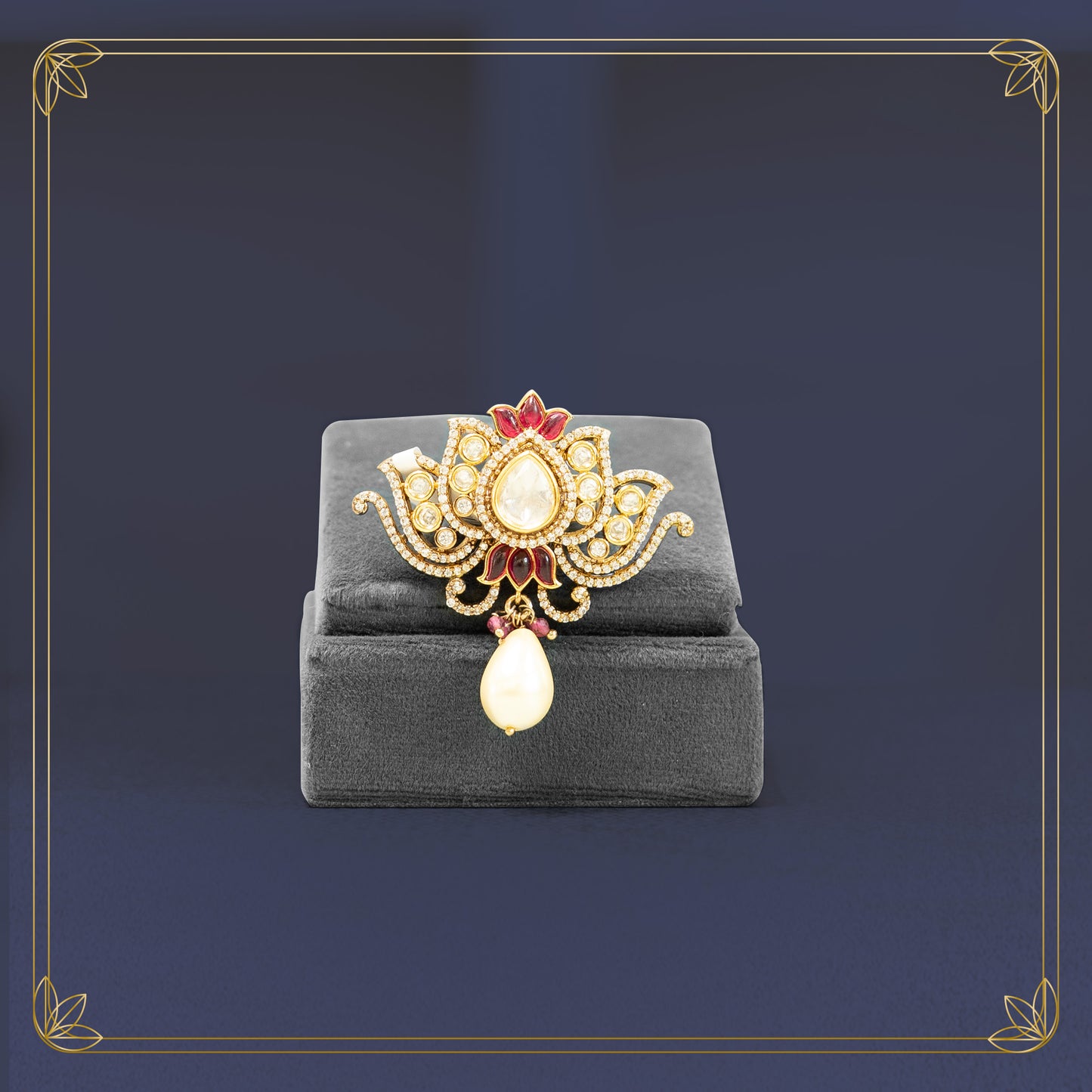 Luxe Floral Uncut Stone Ring with Red Gem