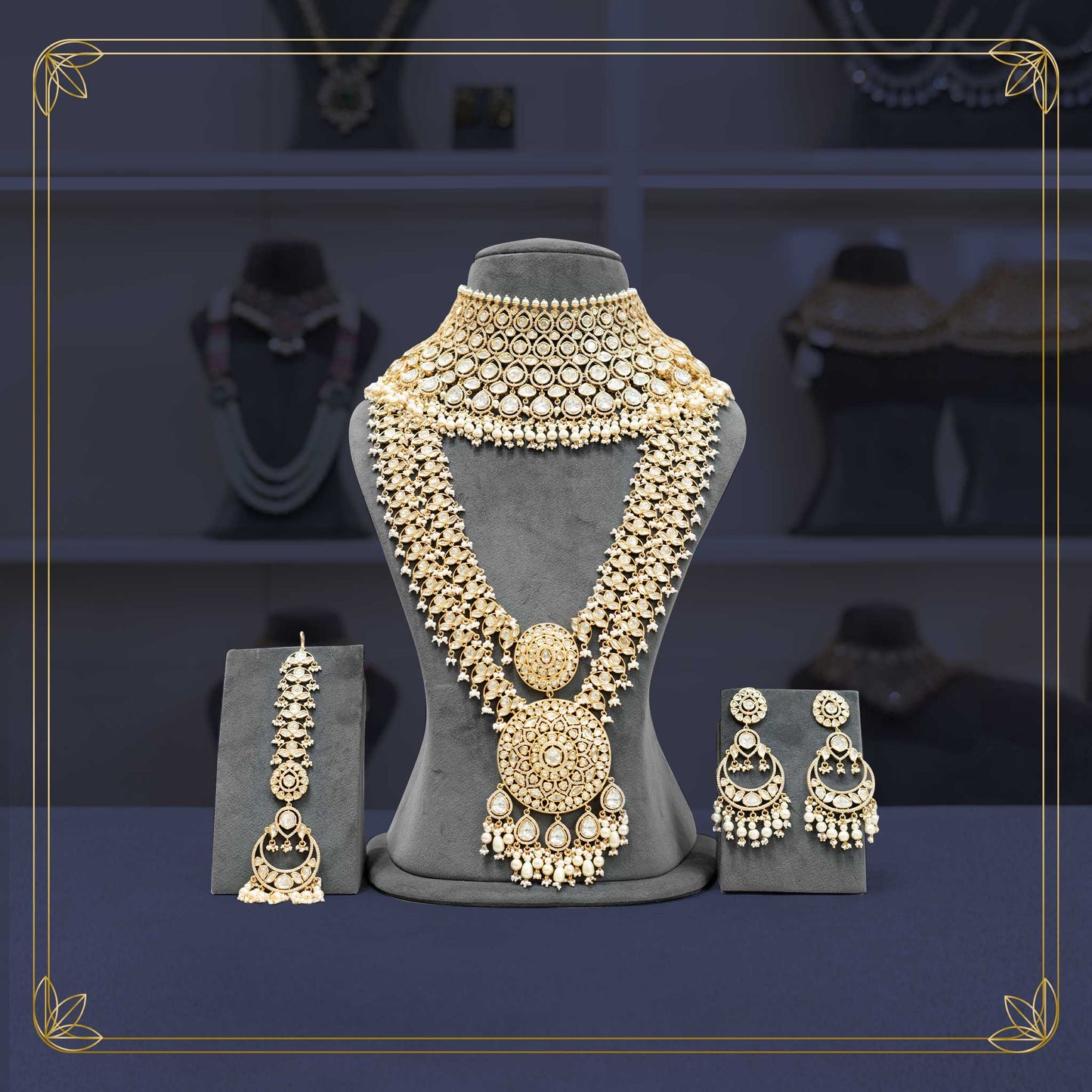 Elegant Kundan Golden Bridal Set with Pearl Accents - Rental