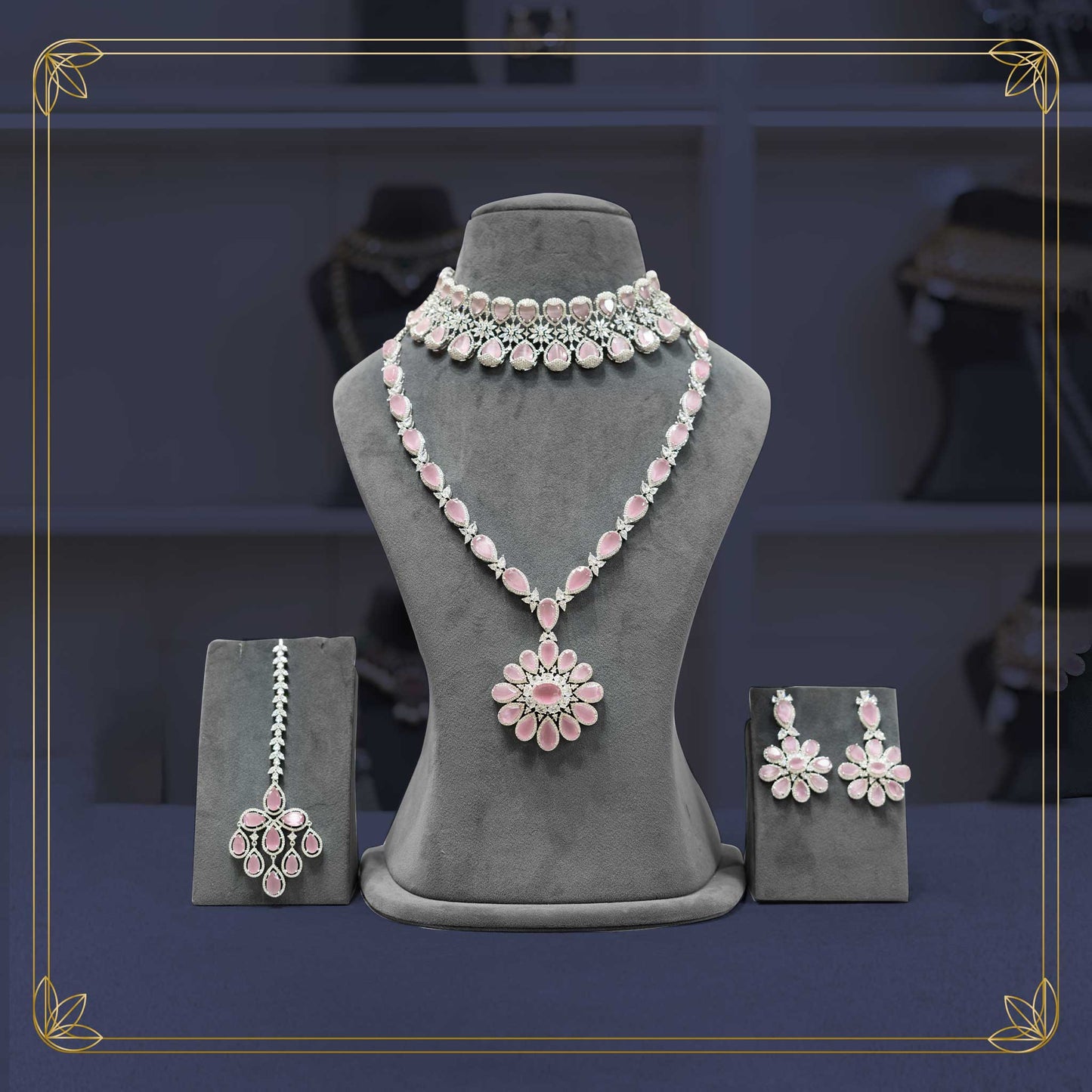 American Diamond & Pink Stone Elegant Bridal Set - Rental