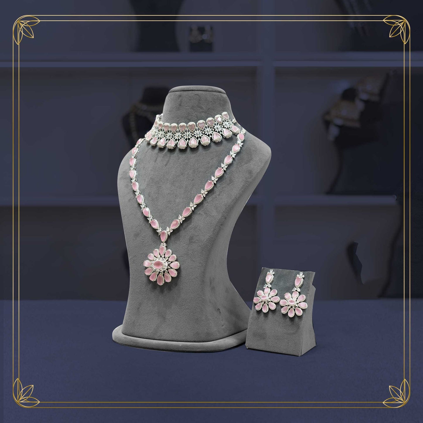 American Diamond & Pink Stone Elegant Bridal Set - Rental
