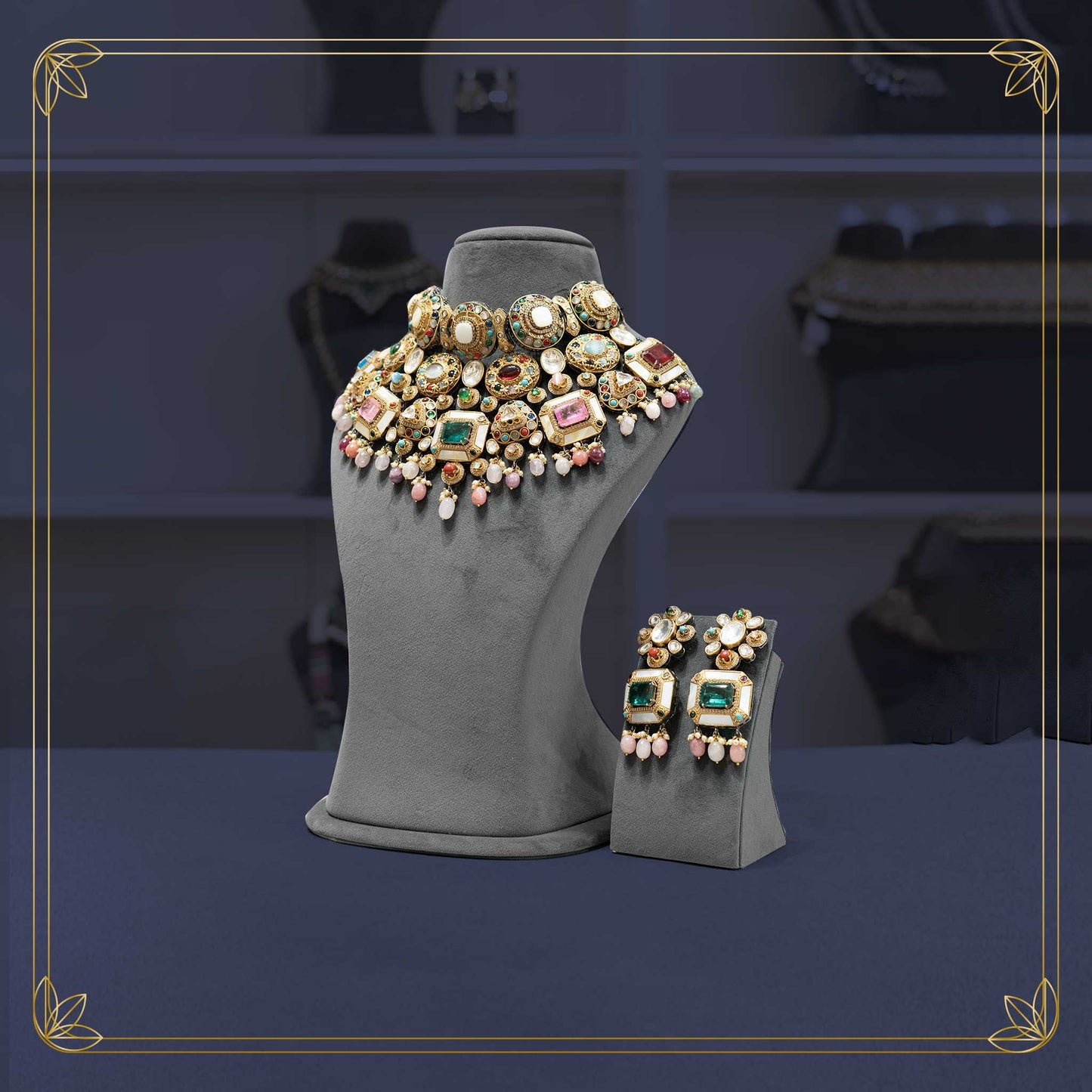 Vibrant Navratna Stone Bridal Jewellery Set - Rental
