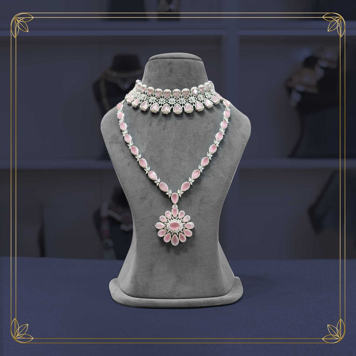 American Diamond & Pink Stone Elegant Bridal Set - Rental