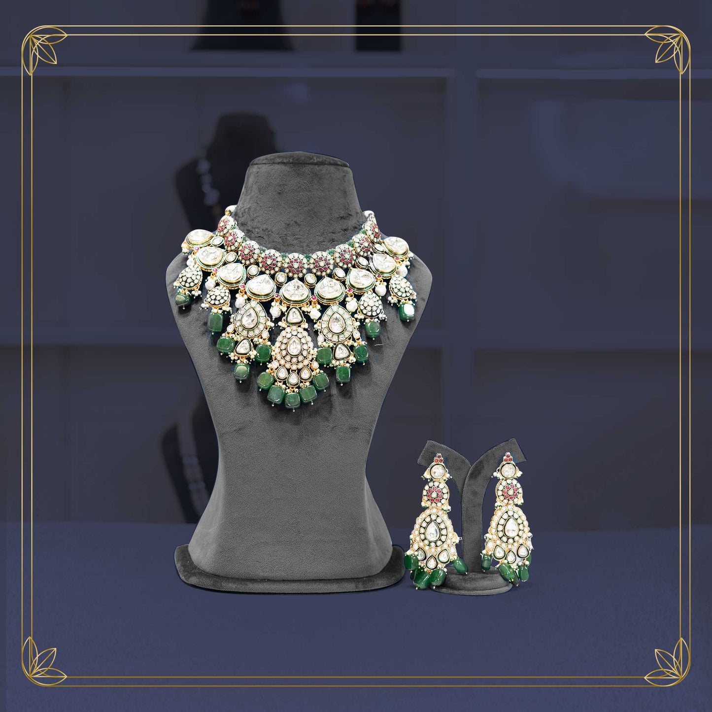 Majestic Uncut Polki Green & Red Necklace Bridal Set - Rental