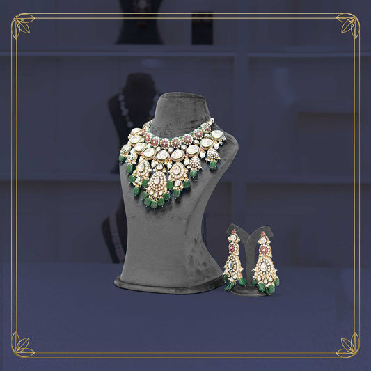Majestic Uncut Polki Green & Red Necklace Bridal Set - Rental