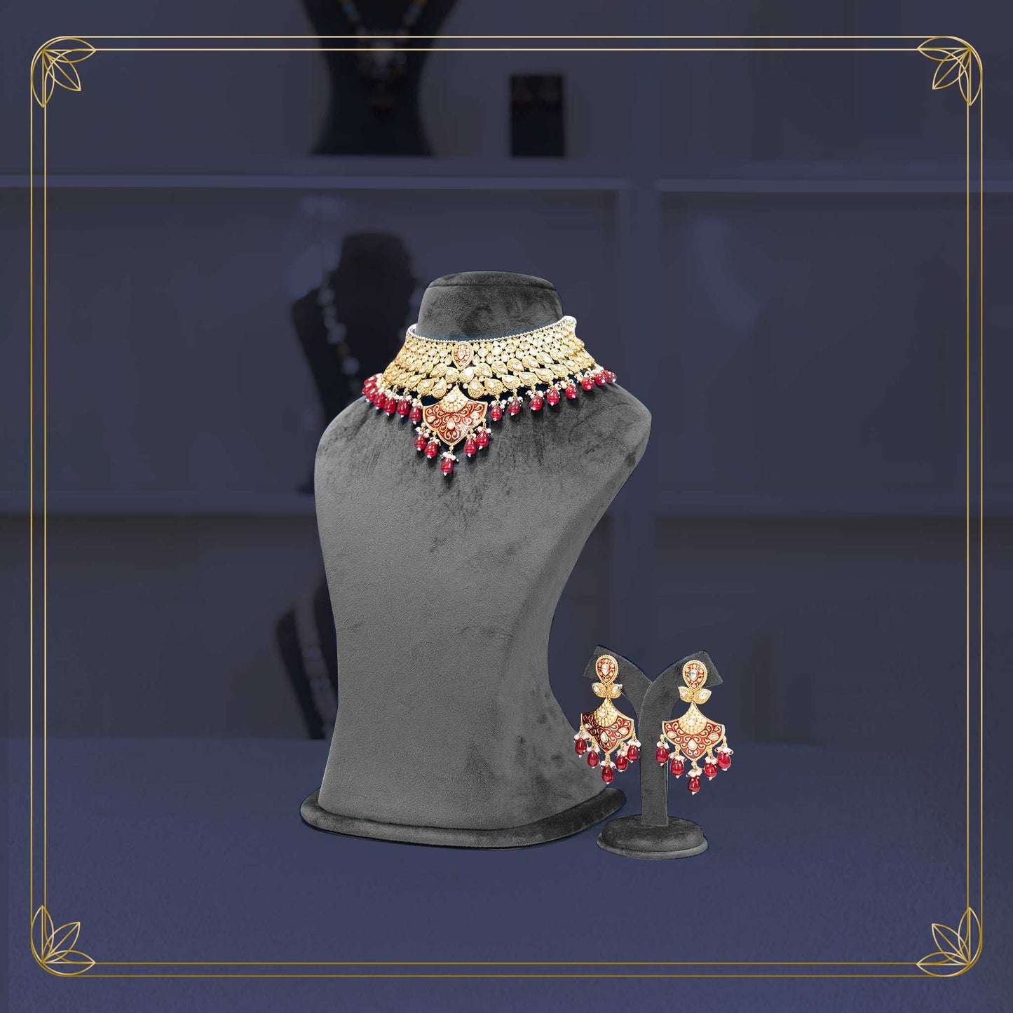 Divine Red Gold Kundan Grandeur Necklace Set