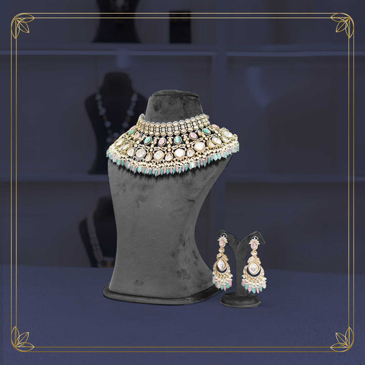 Royal Mint Pink Stone Collar Necklace Bridal Set - Rental