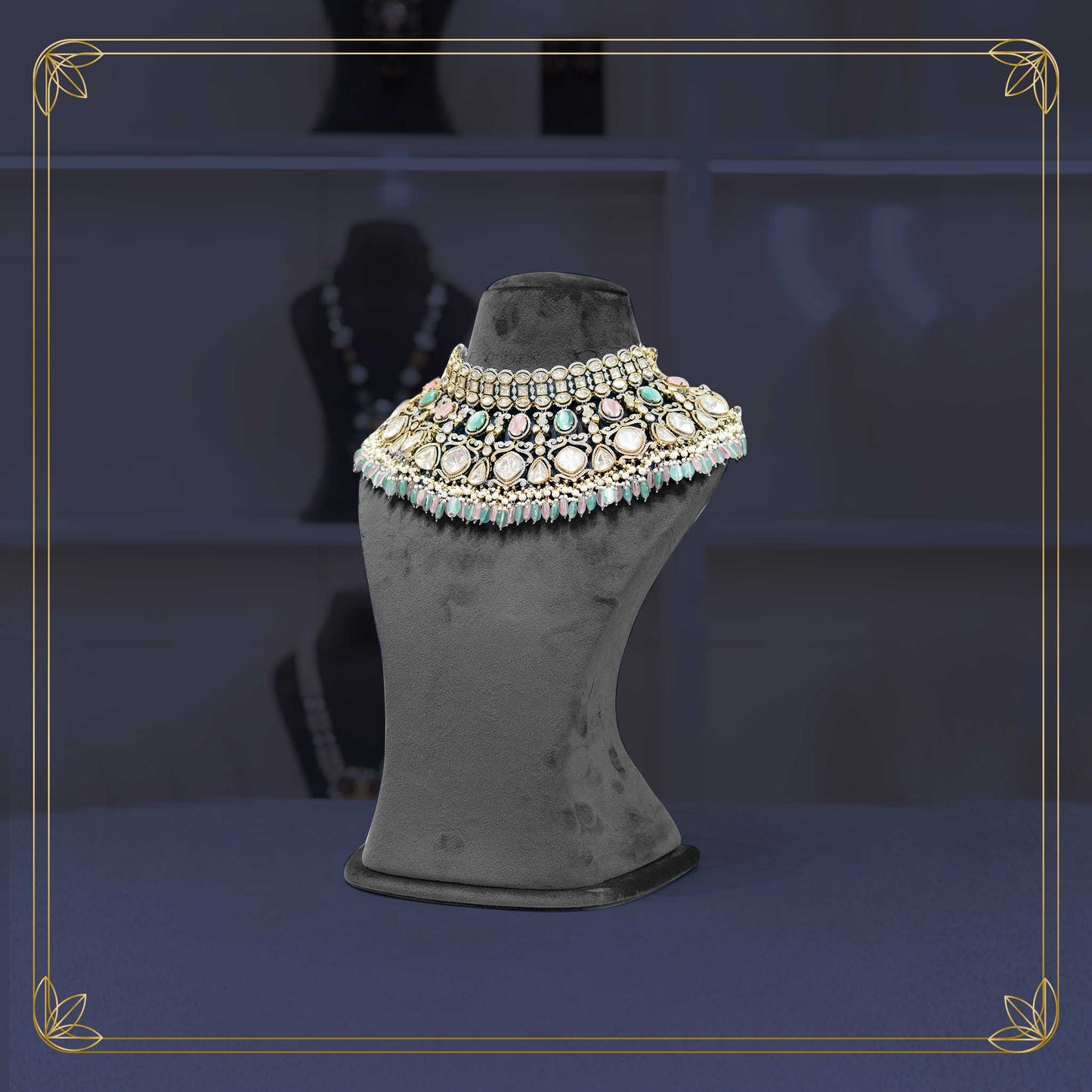Royal Mint Pink Stone Collar Necklace Bridal Set - Rental