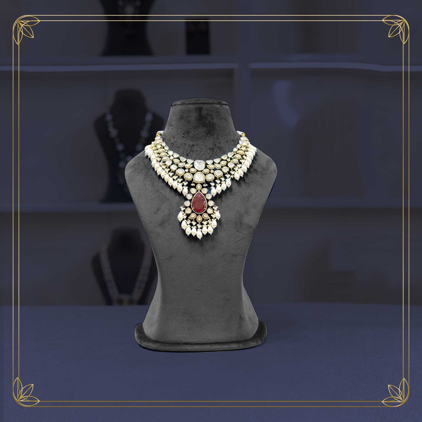 Opulent Polki Ruby Pearl Cascade Necklace Set