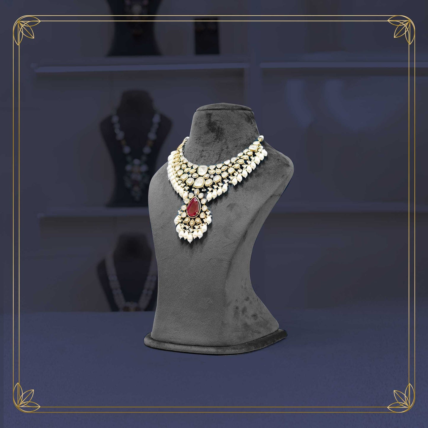 Opulent Polki Ruby Pearl Cascade Necklace Set
