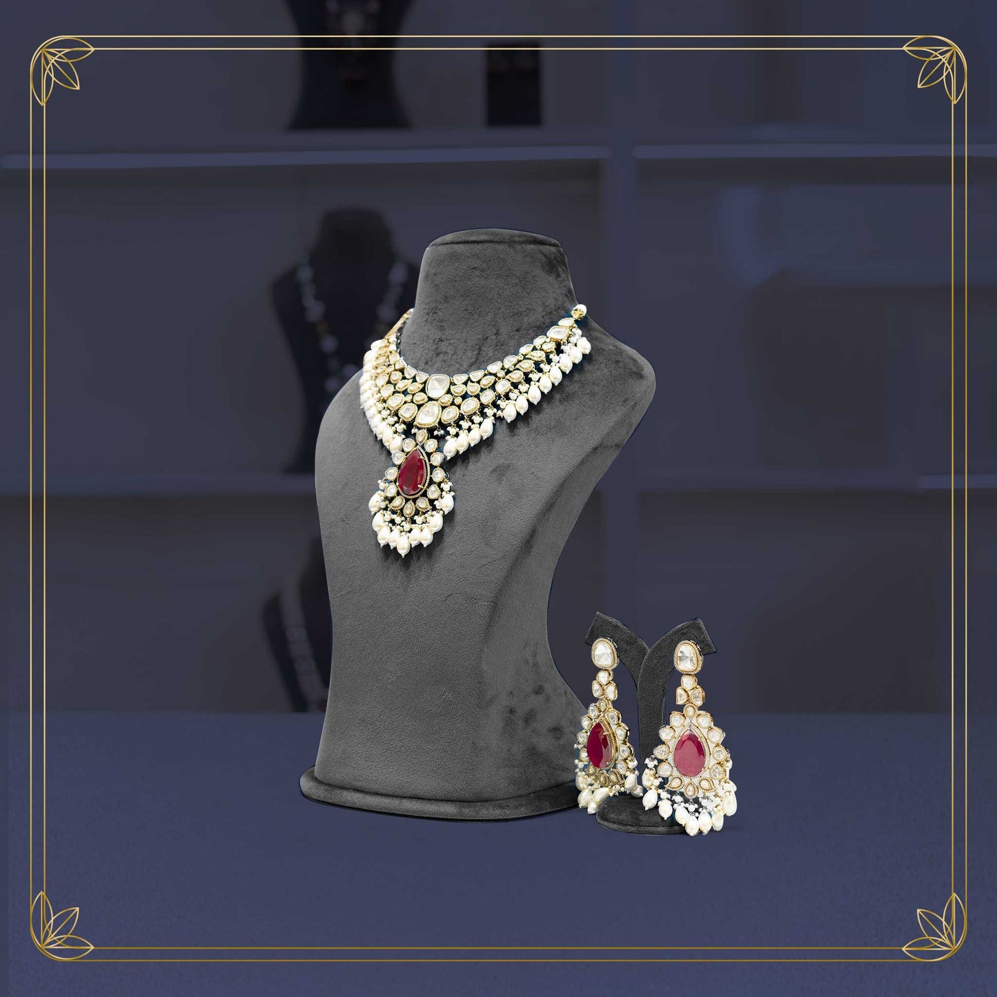 Opulent Polki Ruby Pearl Cascade Necklace Set