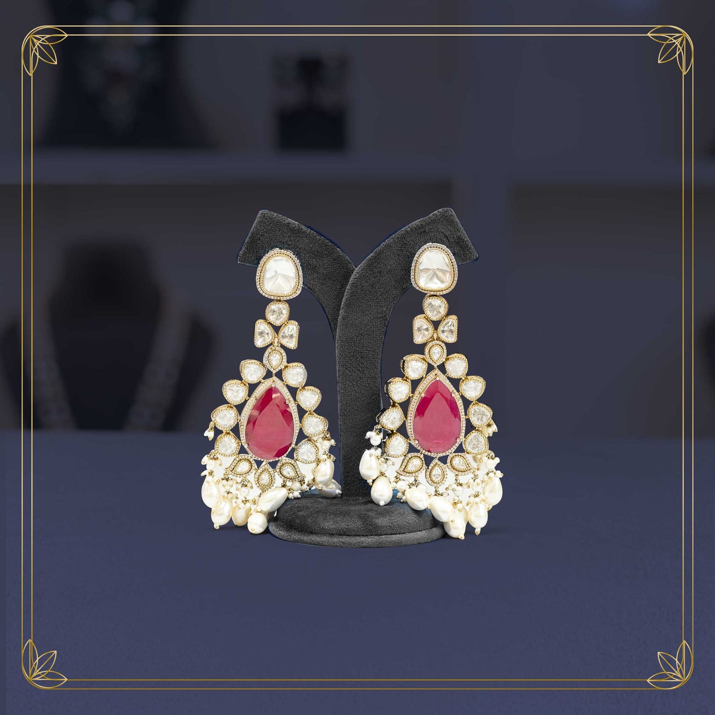 Opulent Polki Ruby Pearl Cascade Necklace Set