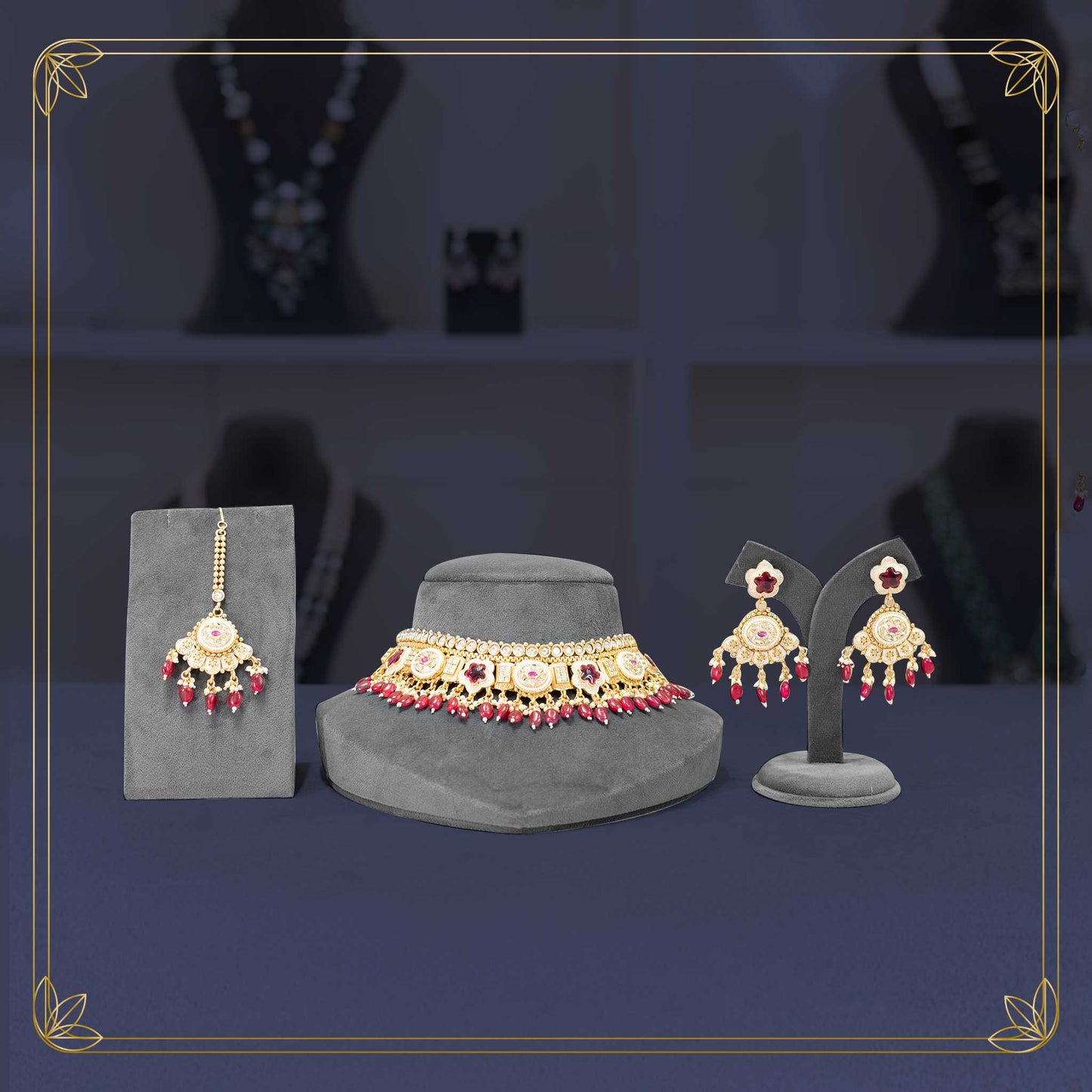 Enchanting Ruby Teardrop Jadavi Jewellery Set