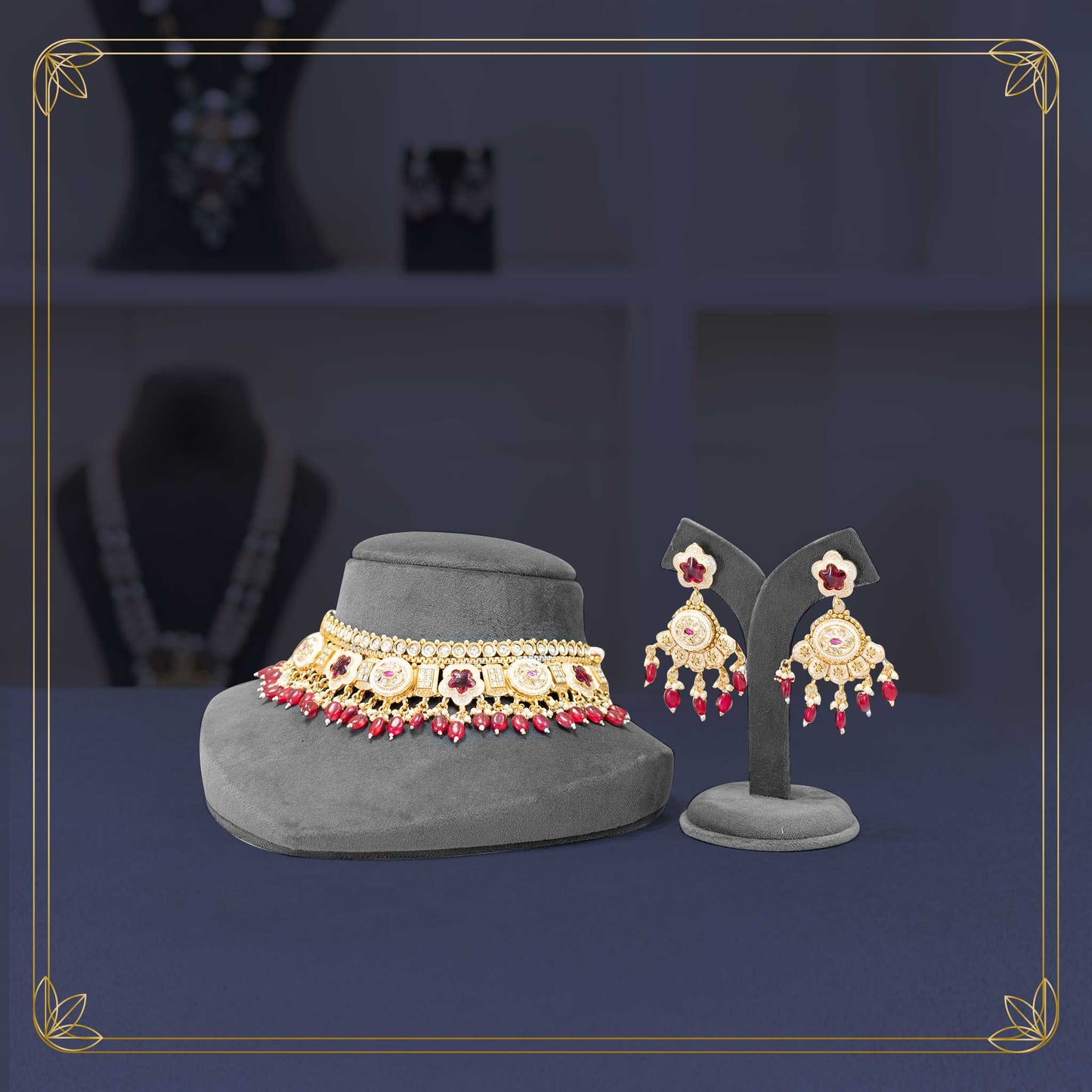Enchanting Ruby Teardrop Jadavi Jewellery Set