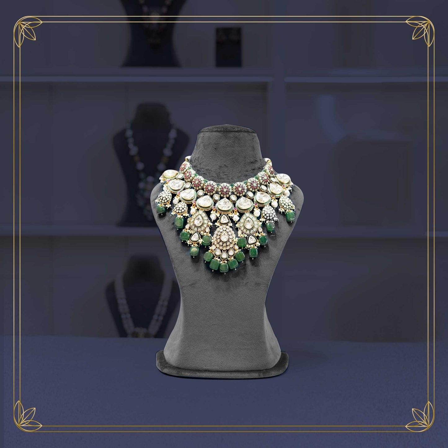 Majestic Uncut Polki Green & Red Necklace Bridal Set - Rental