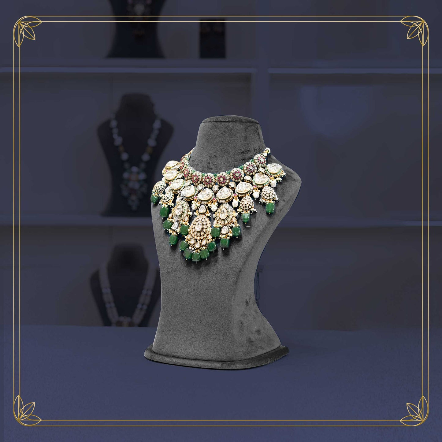 Majestic Uncut Polki Green & Red Necklace Bridal Set - Rental