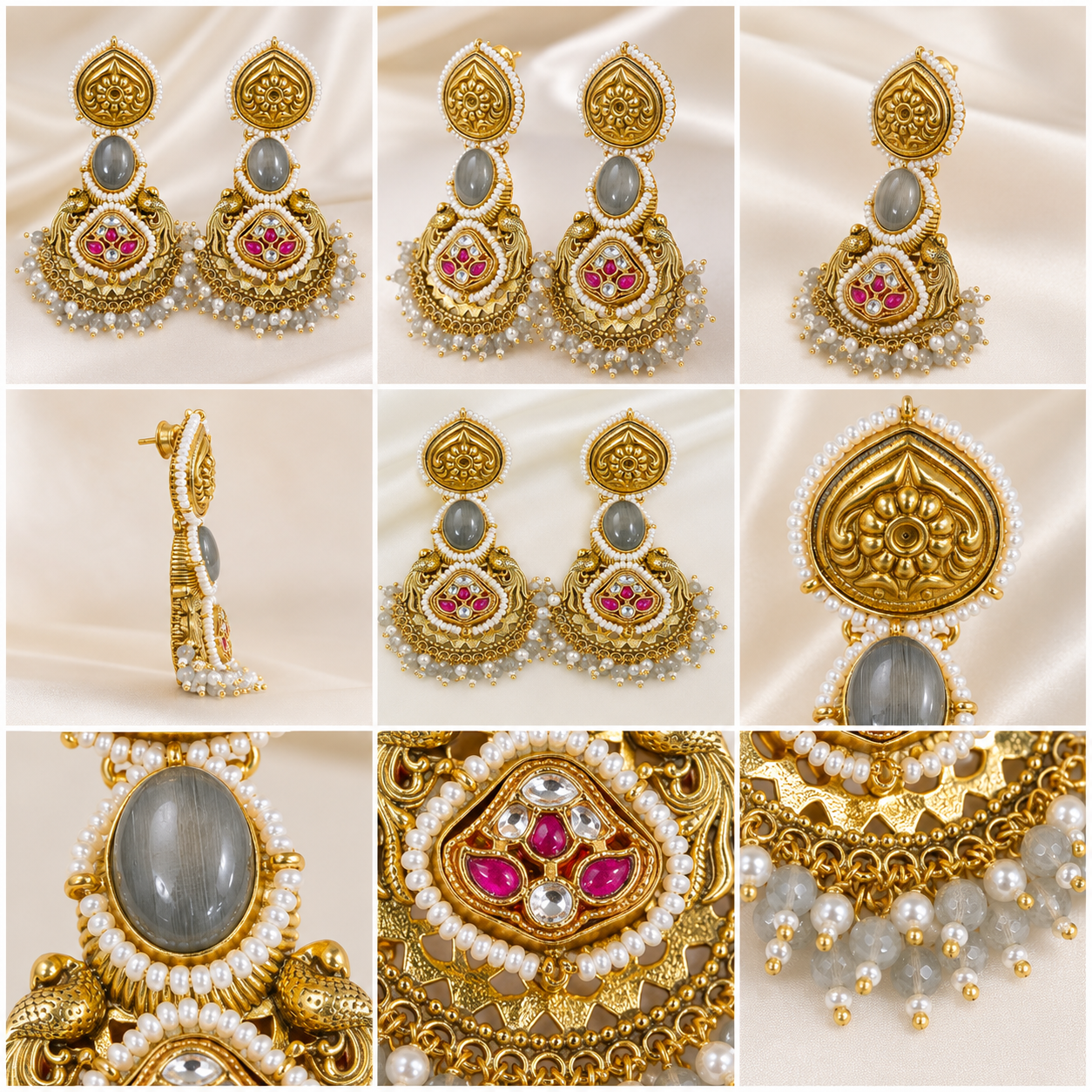Abhushanam Grey Moonstone Temple Earrings