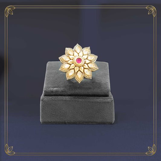 Regal Kundan Petal Ring with a Deep Ruby Highlight