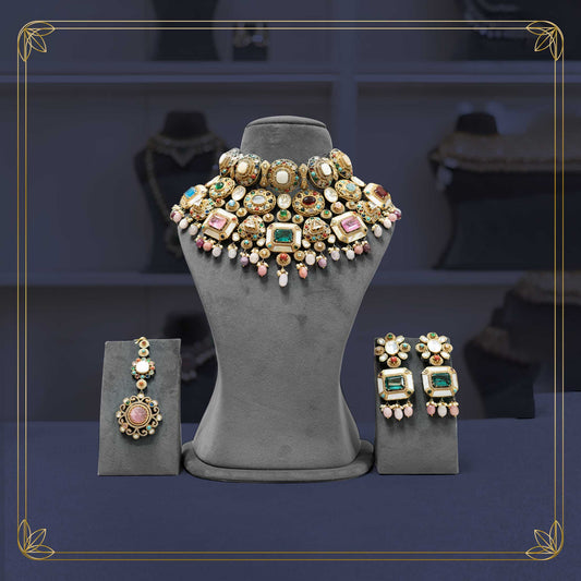 Vibrant Navratna Stone Bridal Jewellery Set - Rental