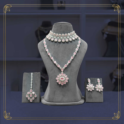 American Diamond & Pink Stone Elegant Bridal Set - Rental