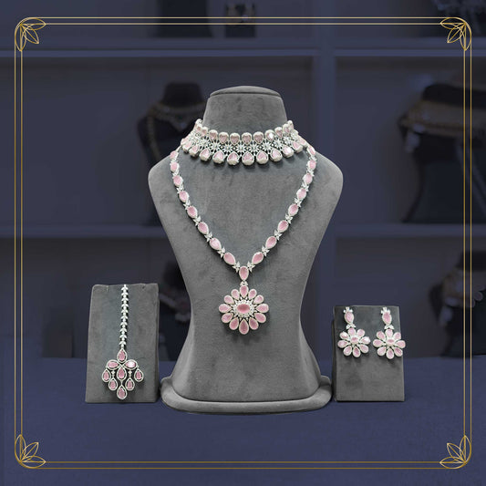 American Diamond & Pink Stone Elegant Bridal Set - Rental