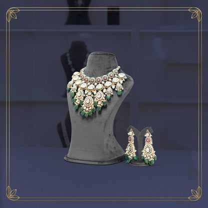 Majestic Uncut Polki Green & Red Necklace Bridal Set - Rental