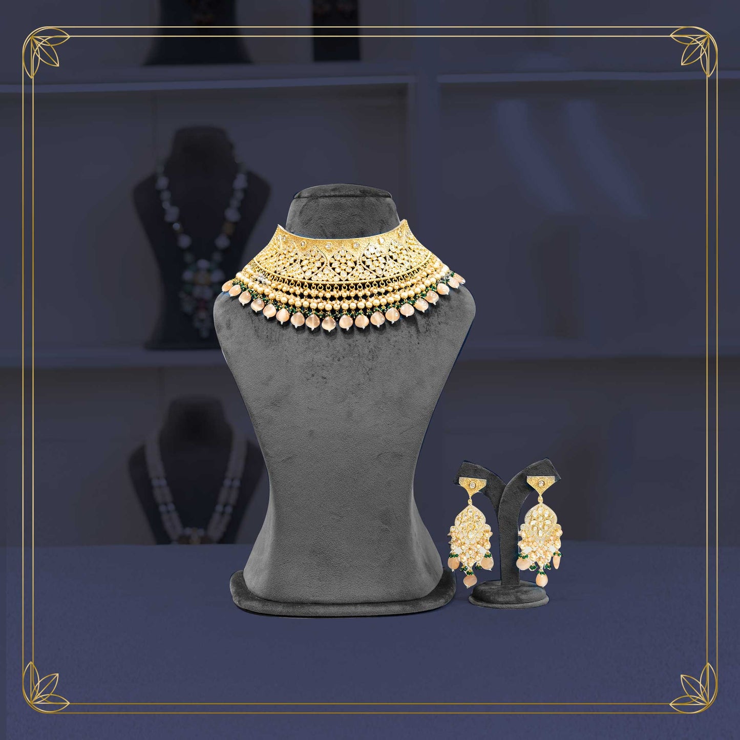 Majestic Gold Peach Jadau Chokker Bridal Set - Rental