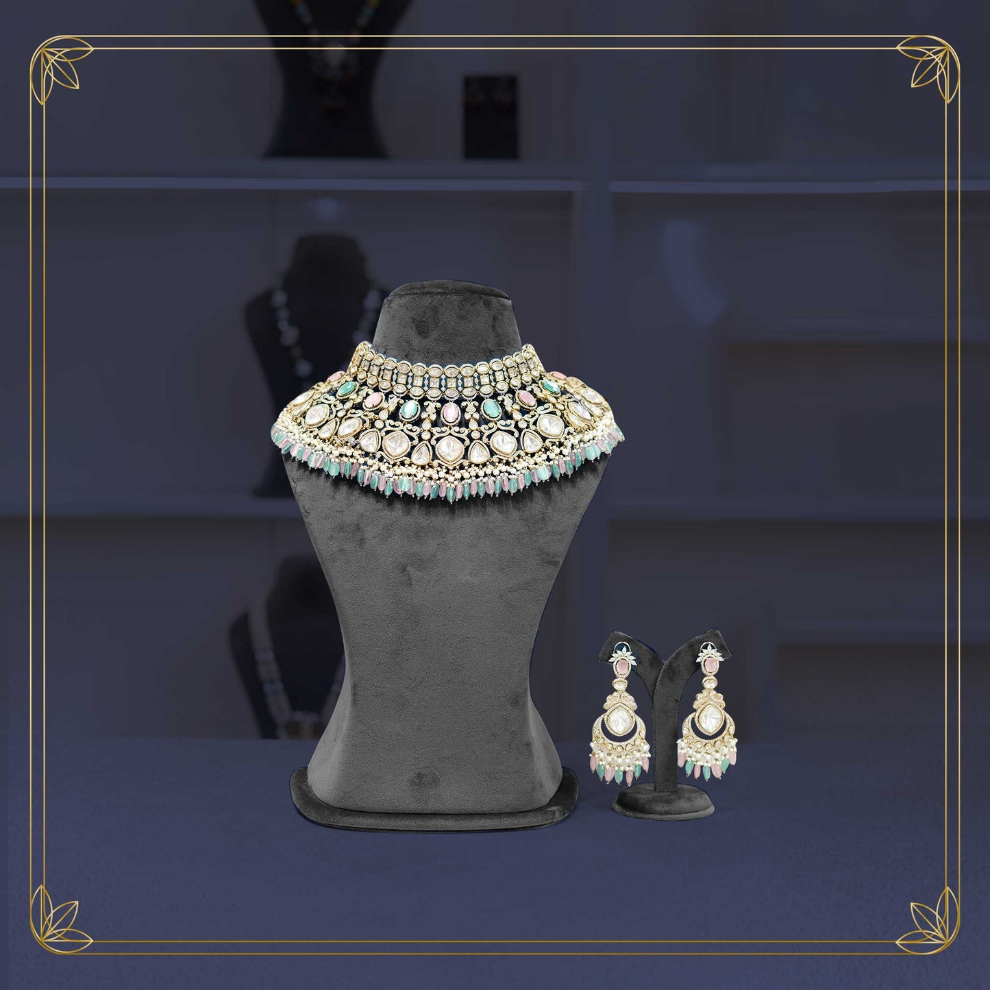 Royal Mint Pink Stone Collar Necklace Bridal Set - Rental