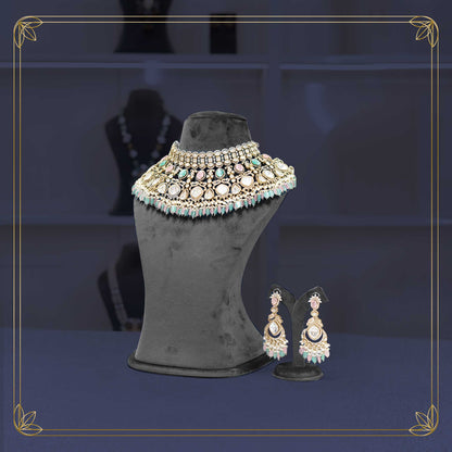 Royal Mint Pink Stone Collar Necklace Bridal Set - Rental