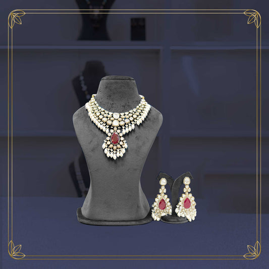 Opulent Polki Ruby Pearl Cascade Necklace Set
