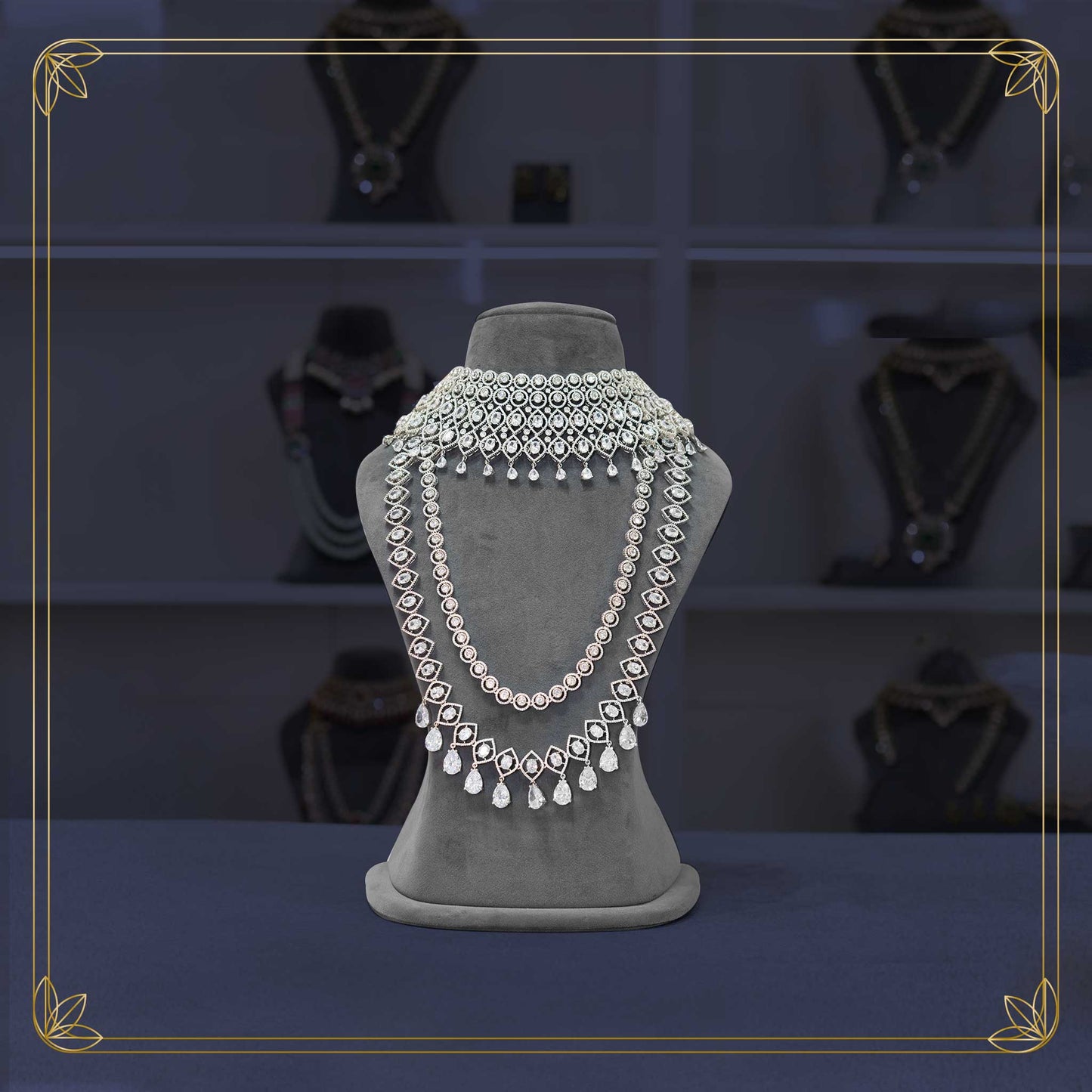 American Diamond Silver Finish Bridal Jewellery Set - Rental