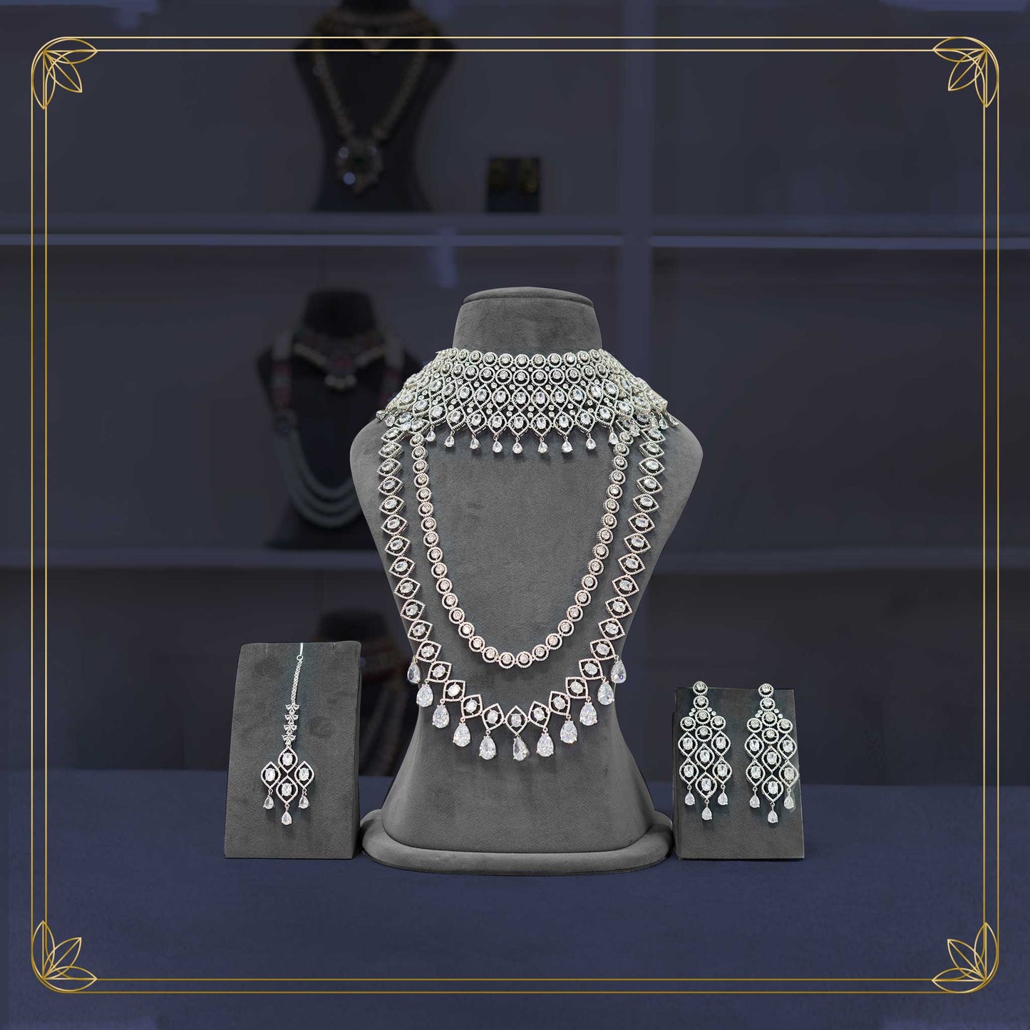 American Diamond Silver Finish Bridal Jewellery Set - Rental