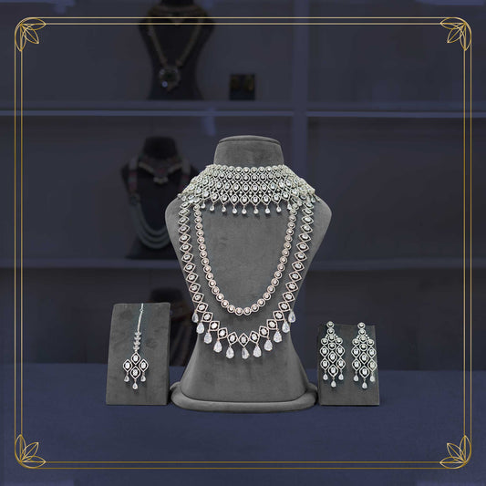 American Diamond Silver Finish Bridal Jewellery Set - Rental