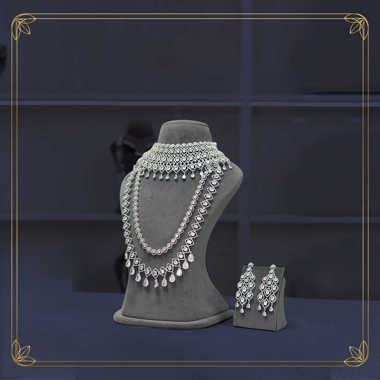 American Diamond Silver Finish Bridal Jewellery Set - Rental