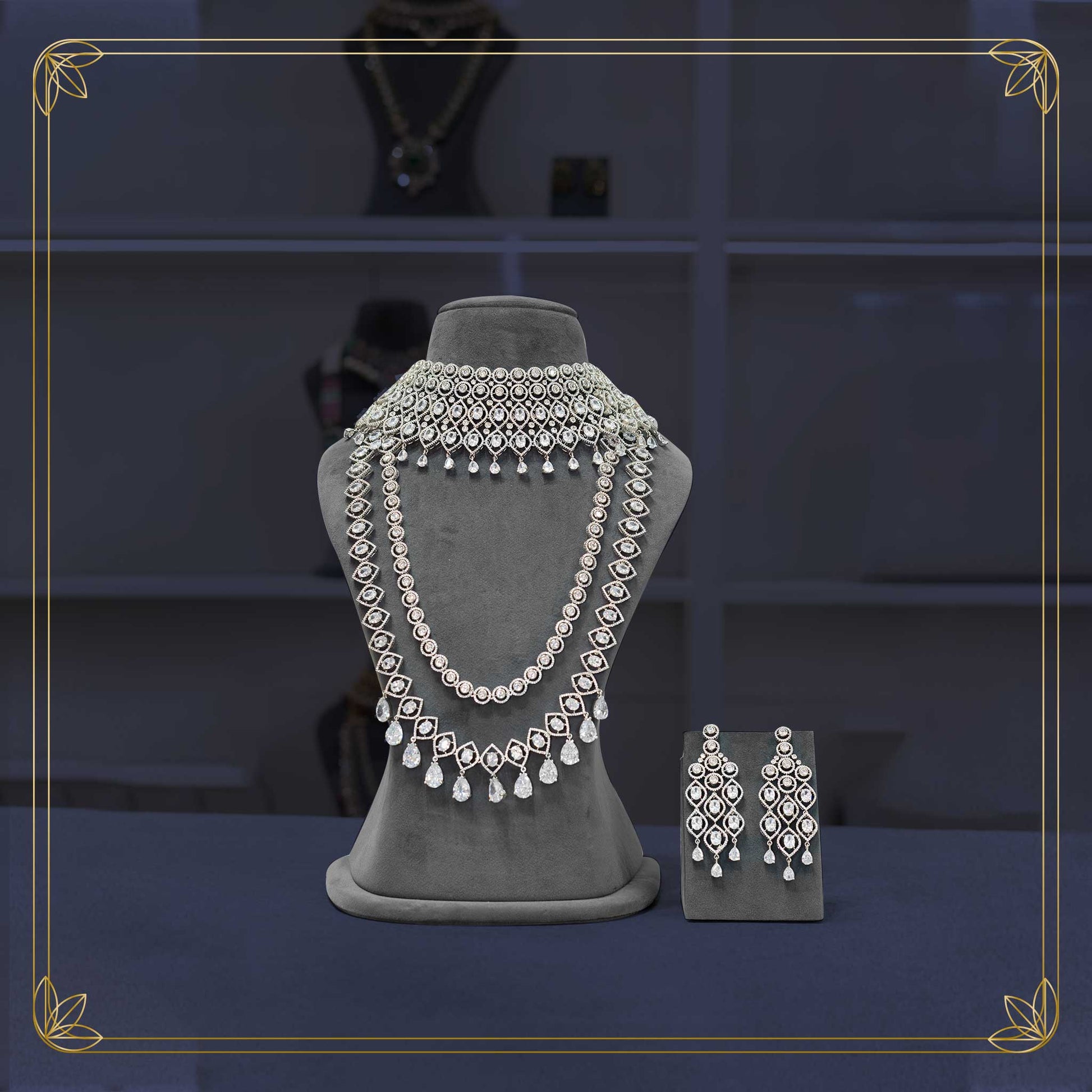 American Diamond Silver Finish Bridal Jewellery Set Rental