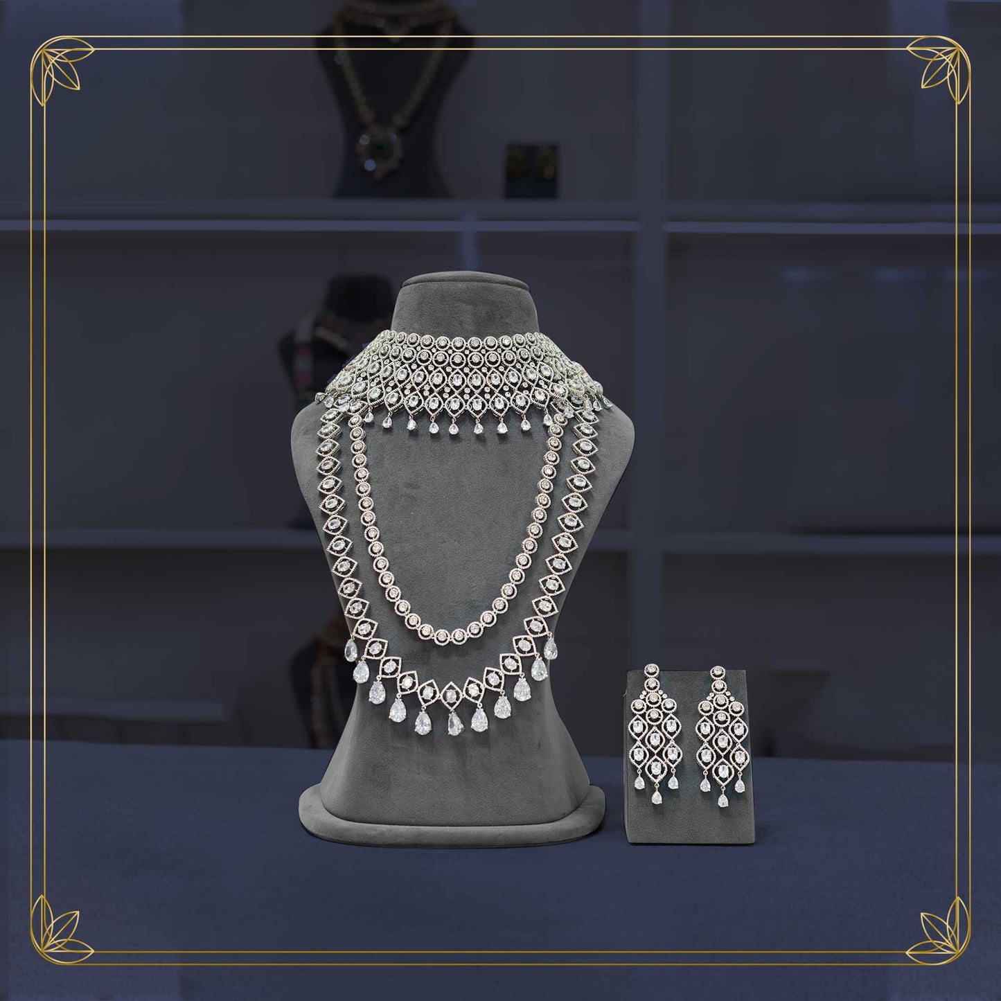 American Diamond Silver Finish Bridal Jewellery Set - Rental