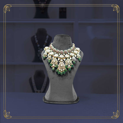 Majestic Uncut Polki Green & Red Necklace Bridal Set - Rental