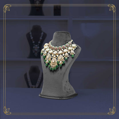 Majestic Uncut Polki Green & Red Necklace Bridal Set - Rental