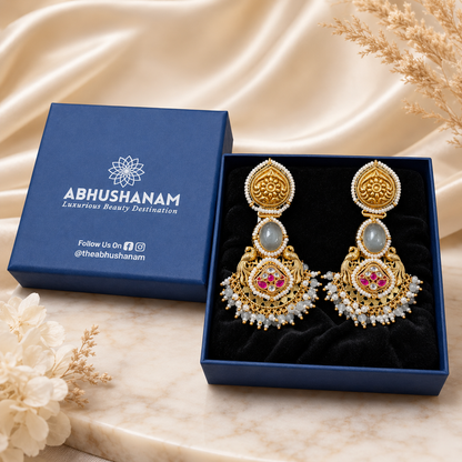 Abhushanam Grey Moonstone Temple Earrings