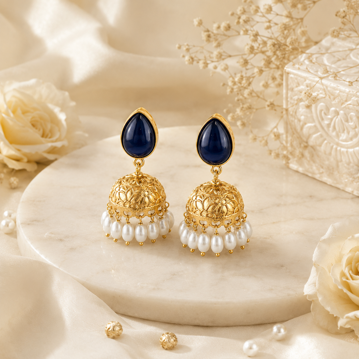 Blue Royale Pearl Drop Jhumkas (53442)