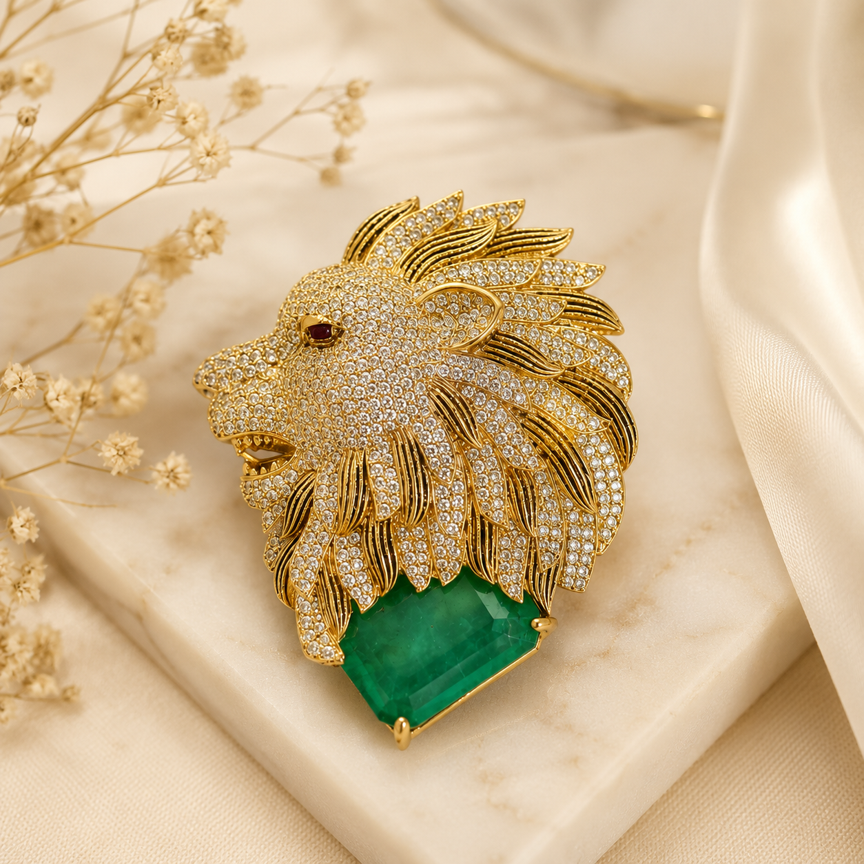 Royal Emerald Lion Brooch (54613)