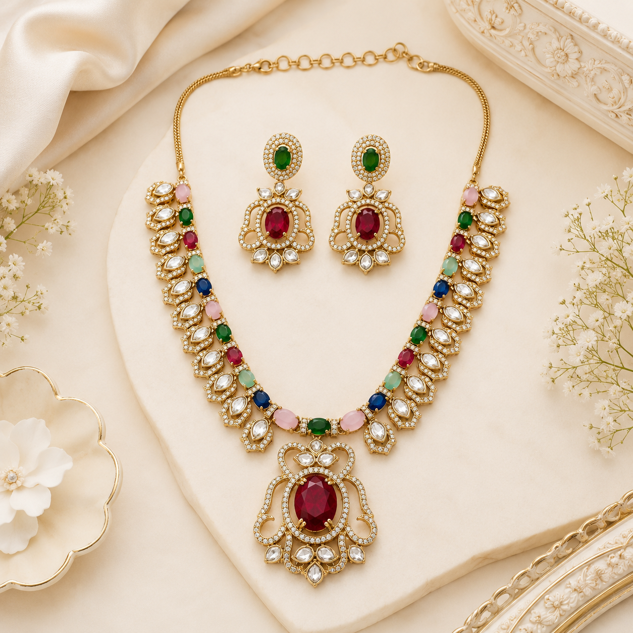 Royal Navratna Victorian Necklace Set (55123)