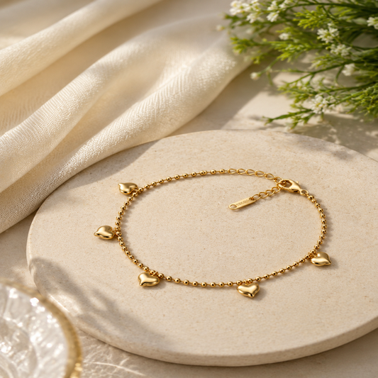 Gold-Tone Heart Charm Beaded Bracelet for Women (58552)