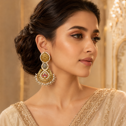 Abhushanam Grey Moonstone Temple Earrings