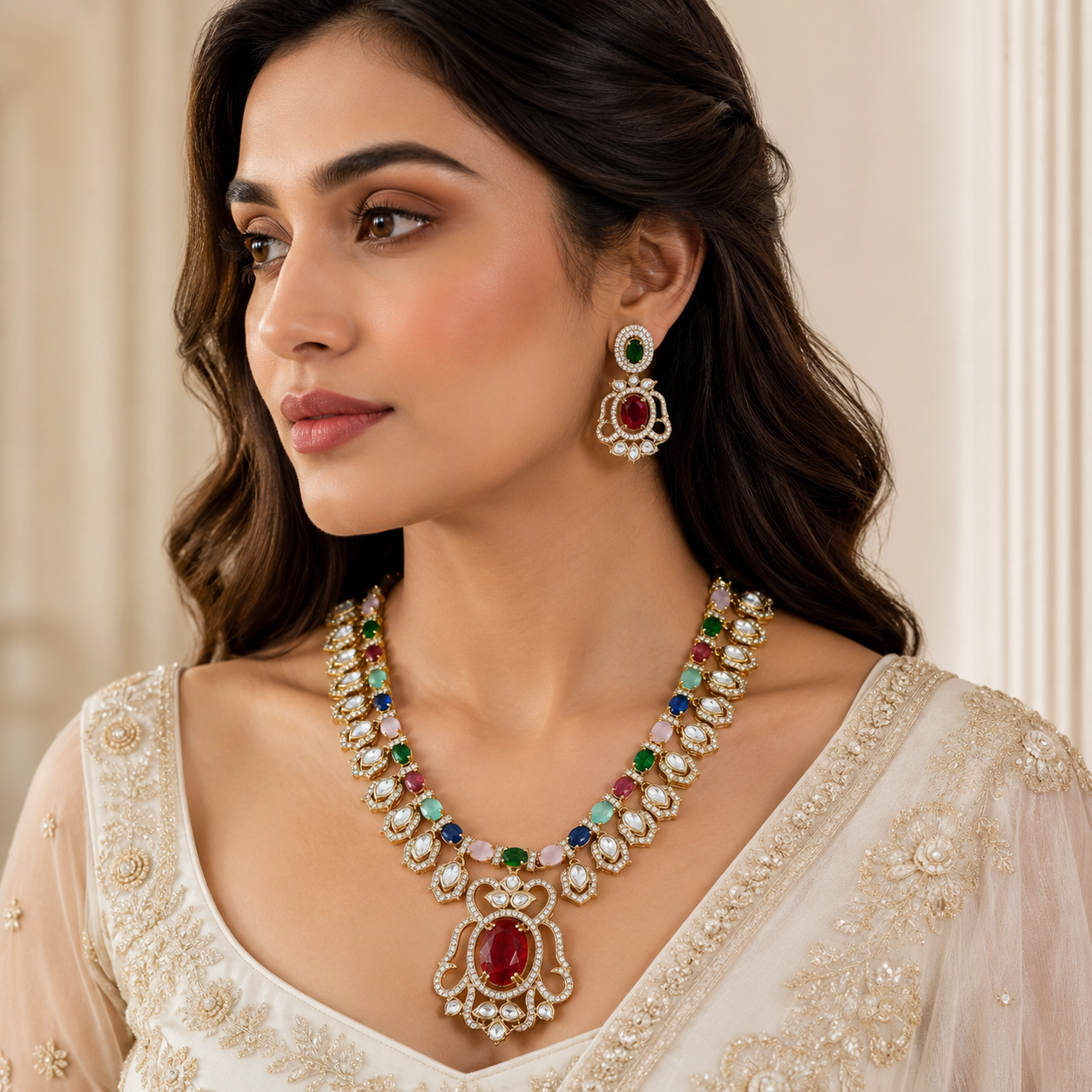 Royal Navratna Victorian Necklace Set (55123)