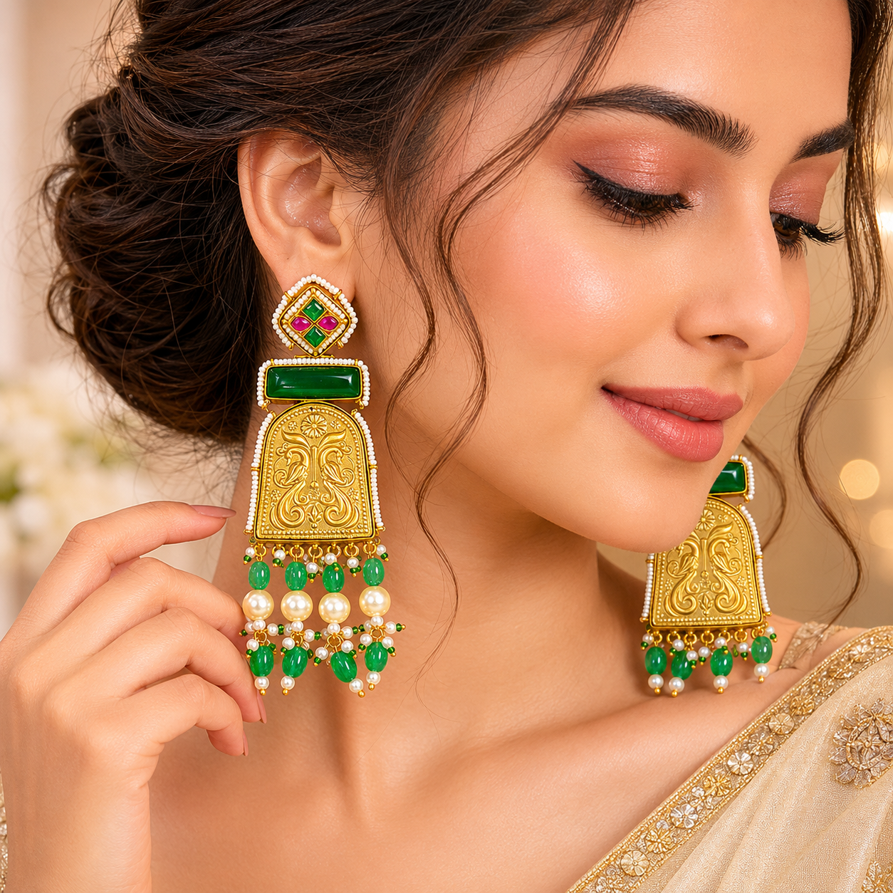 Rajeshwari Emerald Temple Earrings