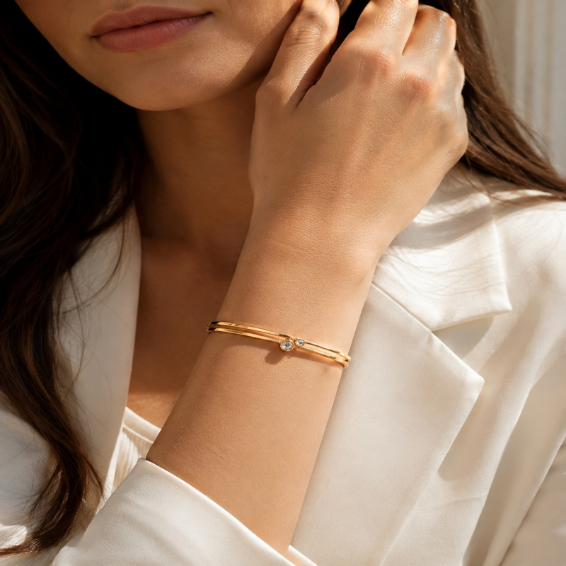 Minimal Gold-Tone Two Stone Bangle Bracelet for Women (58752)