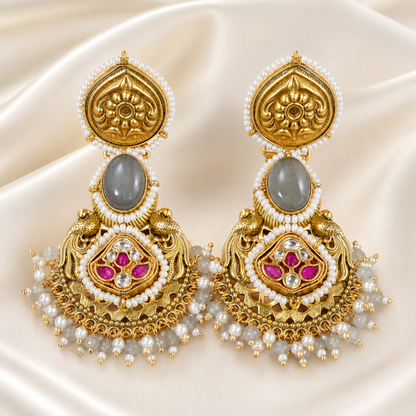 Abhushanam Grey Moonstone Temple Earrings
